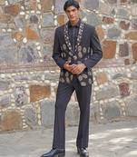 Black embroidered satin tuxedo set