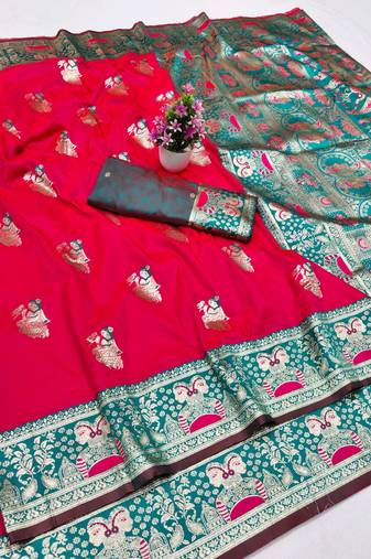 purpel zari woven baluchari silk blend traditional saree with blouse piece