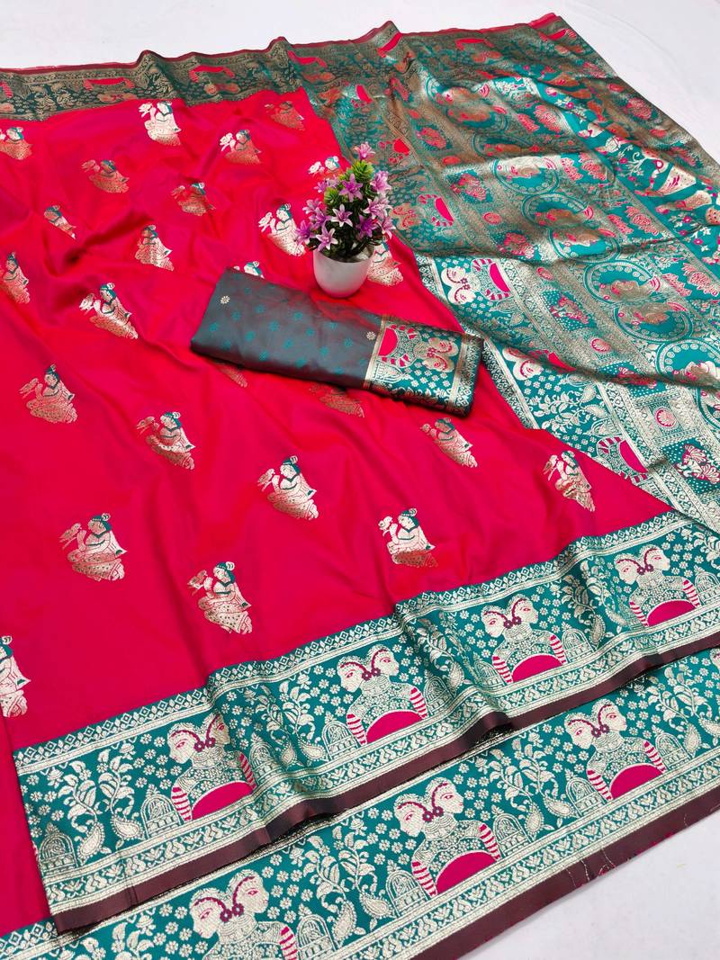 purpel zari woven baluchari silk blend traditional saree with blouse piece