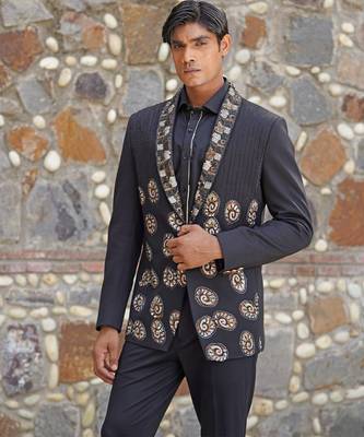 Black embroidered satin tuxedo set 4