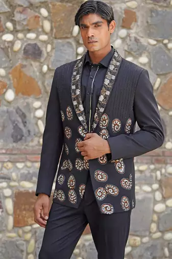 Black embroidered satin tuxedo set