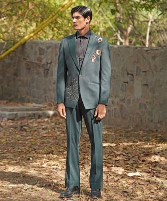 Forest green embroidered silk blend tuxedo set 1