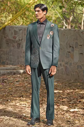 Forest green embroidered silk blend tuxedo set