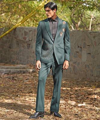 Forest green embroidered silk blend tuxedo set 2