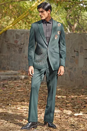 Forest green embroidered silk blend tuxedo set