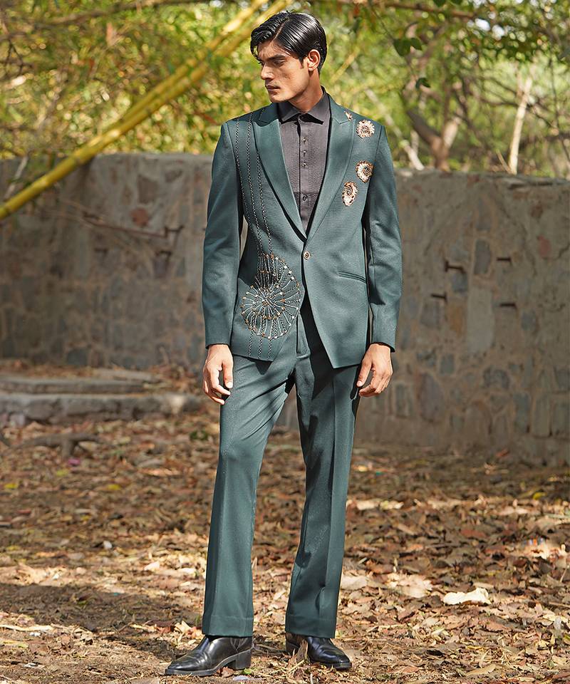 Forest green embroidered silk blend tuxedo set