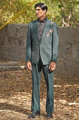 Forest green embroidered silk blend tuxedo set