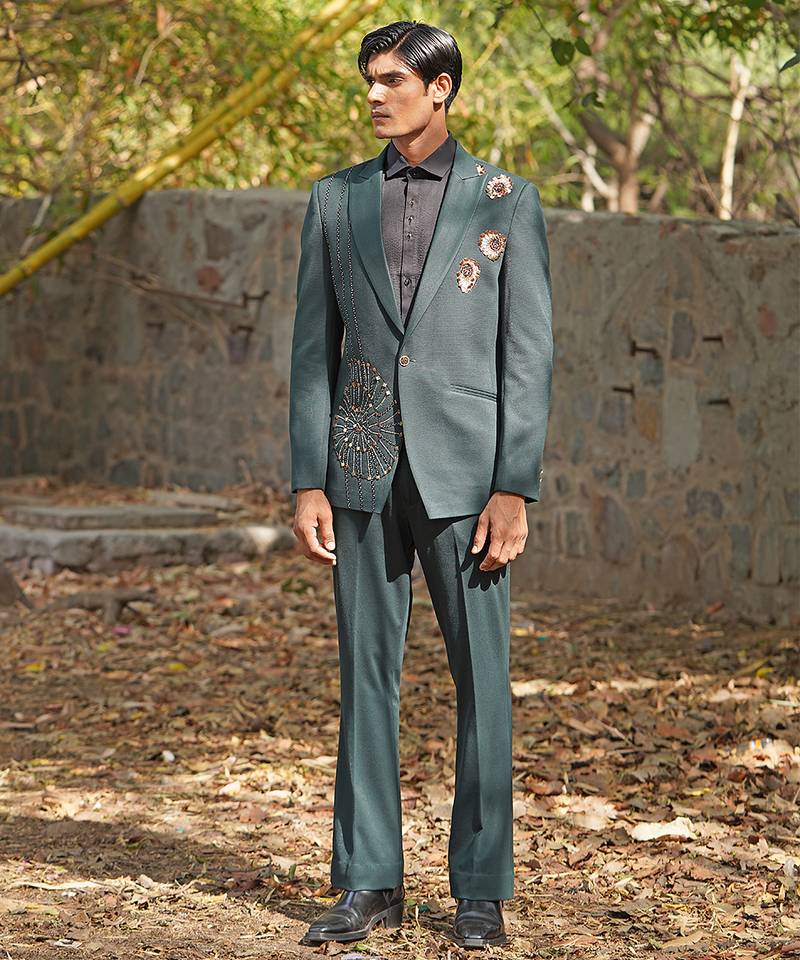 Forest green embroidered silk blend tuxedo set