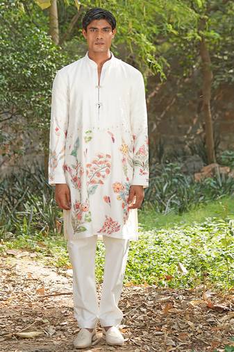 White embroidered chanderi silk kurta set