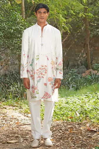 White embroidered chanderi silk kurta set