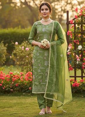 green embroidered glaze cotton unstitched dress material  1