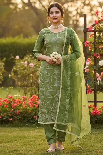 green embroidered glaze cotton unstitched dress material 