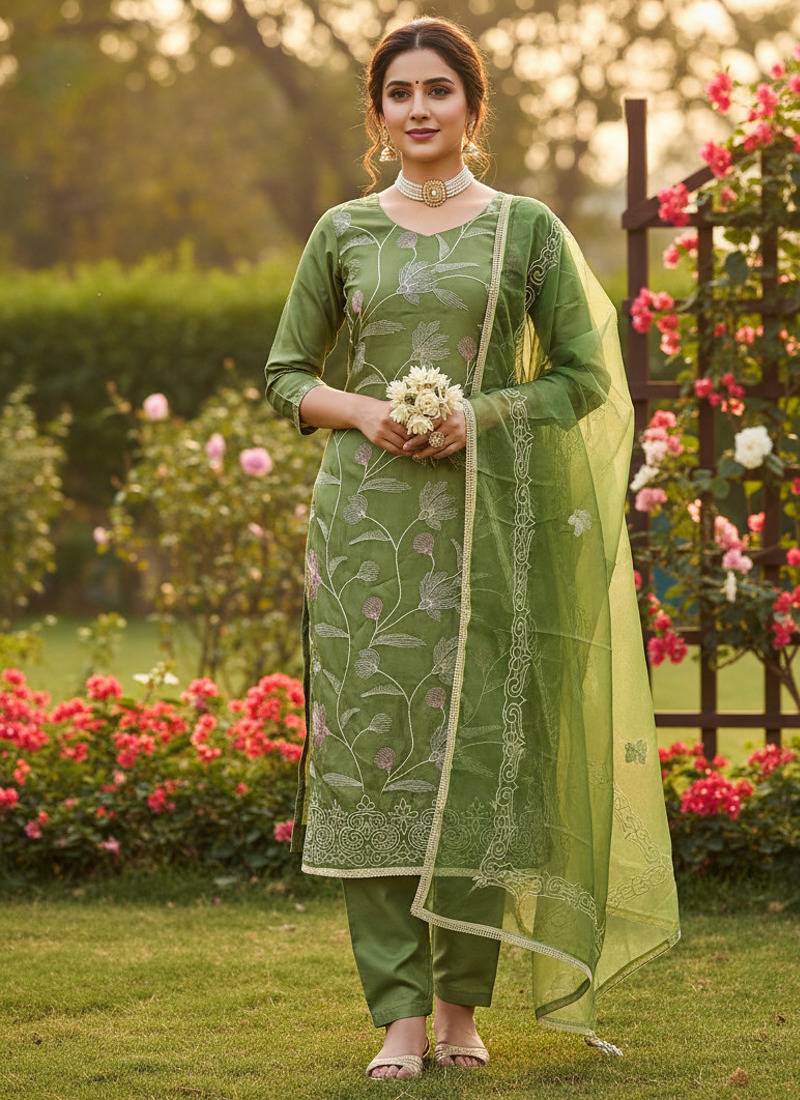 green embroidered glaze cotton unstitched dress material 