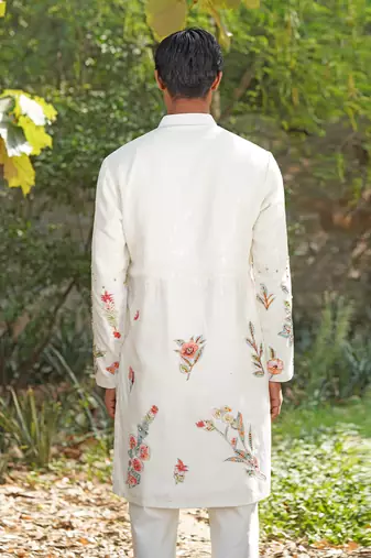 White embroidered chanderi silk kurta set