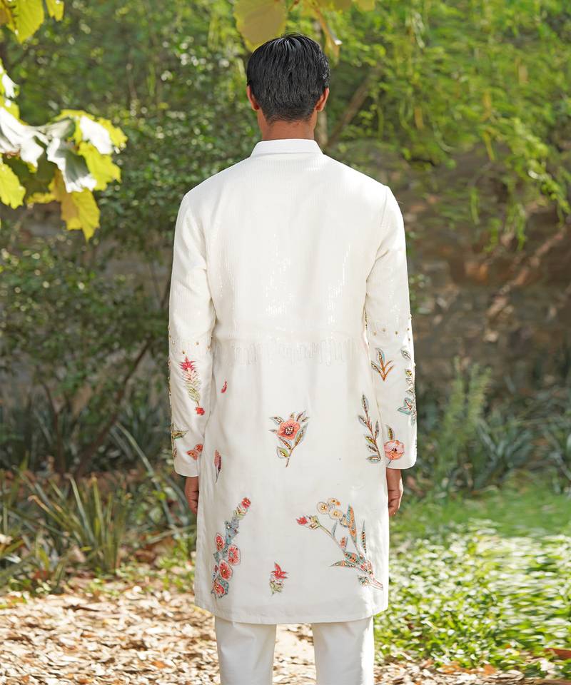White embroidered chanderi silk kurta set