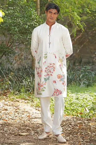 White embroidered chanderi silk kurta set