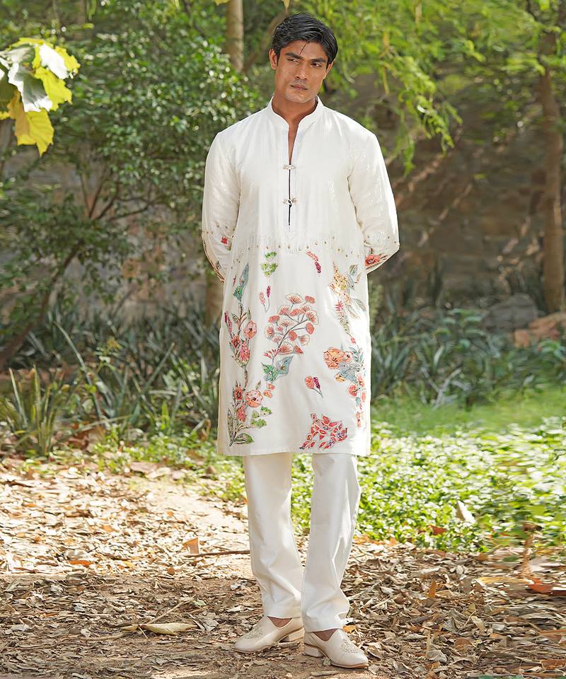 White embroidered chanderi silk kurta set