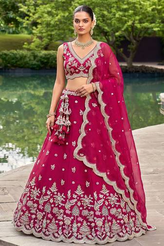 Women's Rose Tissue Mirror sequince Embroidered Lehenga Choli with Dupatta