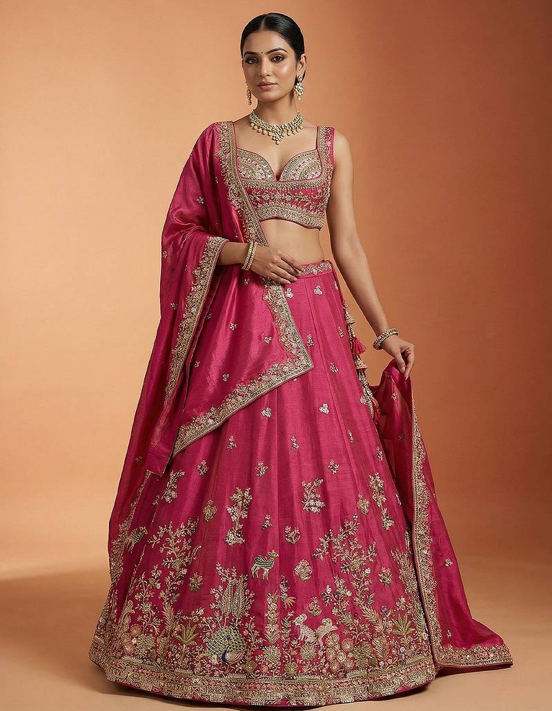 Pink Tissue Sequience Thread Embroidered Semi-Stitched Lehenga