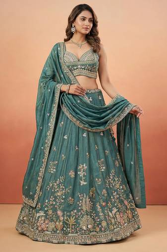 Green Tissue Sequience Thread Embroidered Semi-Stitched Lehenga