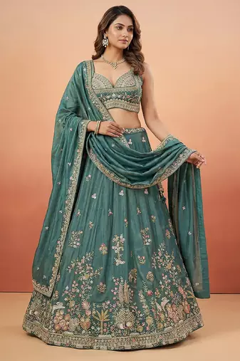 Green Tissue Sequience Thread Embroidered Semi-Stitched Lehenga