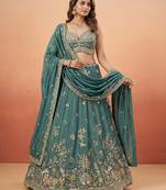 Green Tissue Sequience Thread Embroidered Semi-Stitched Lehenga