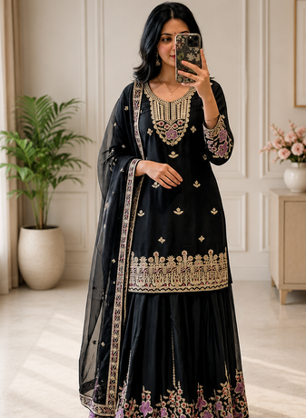 black color embroidery sequin work silk blend kurti sharara set