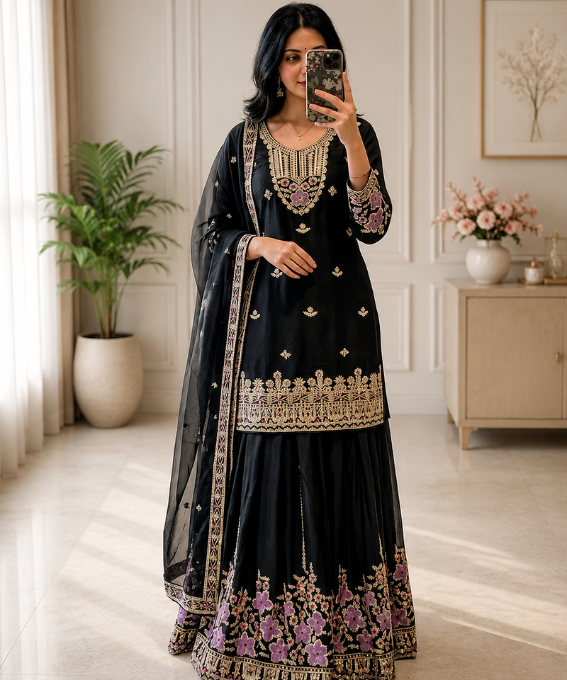 black color embroidery sequin work silk blend kurti sharara set