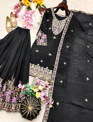 black color embroidery sequin work silk blend kurti sharara set 2