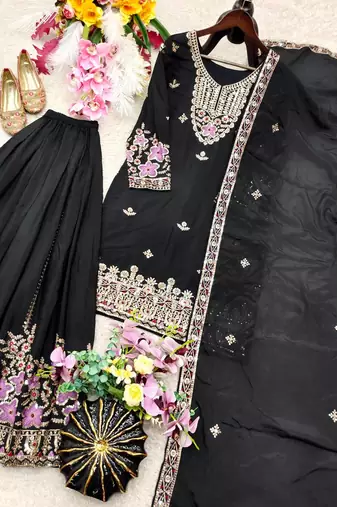 black color embroidery sequin work silk blend kurti sharara set