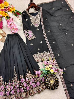 black color embroidery sequin work silk blend kurti sharara set 3