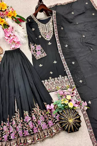 black color embroidery sequin work silk blend kurti sharara set