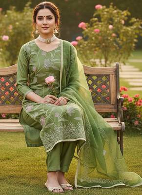 green embroidered glaze cotton unstitched dress material  2