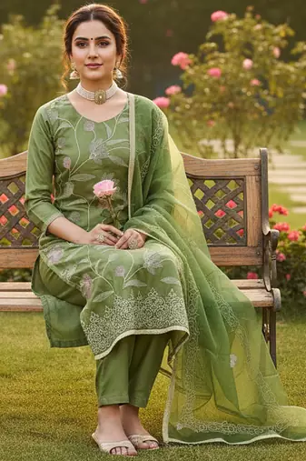 green embroidered glaze cotton unstitched dress material 