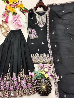 black color embroidery sequin work silk blend kurti sharara set 4