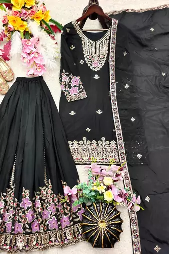 black color embroidery sequin work silk blend kurti sharara set
