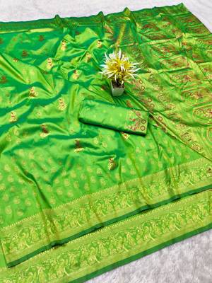 green zari woven baluchari silk blend traditional saree with blouse piece 1