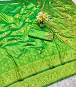 green zari woven baluchari silk blend traditional saree with blouse piece