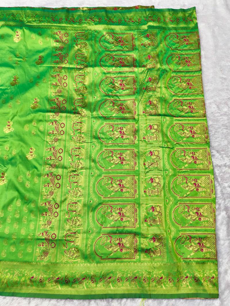 green zari woven baluchari silk blend traditional saree with blouse piece