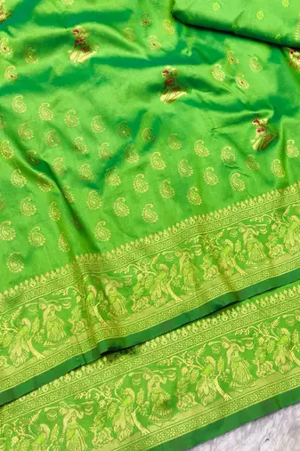 green zari woven baluchari silk blend traditional saree with blouse piece
