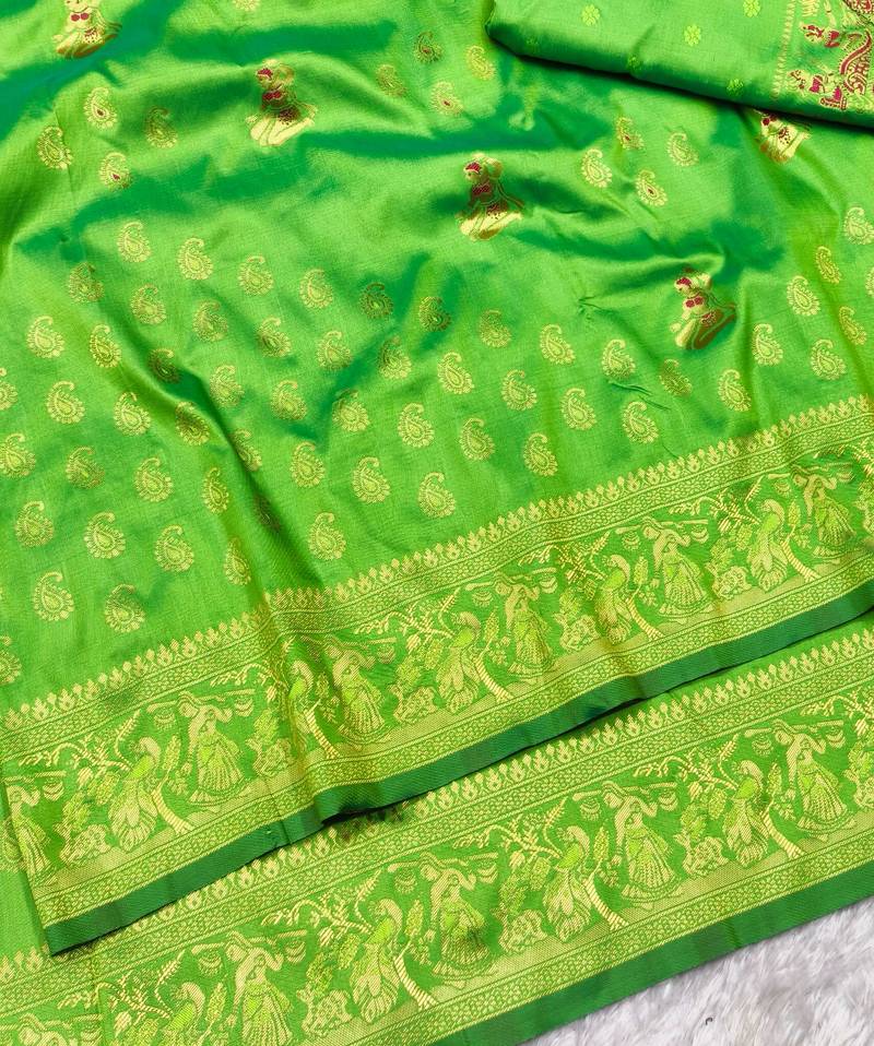 green zari woven baluchari silk blend traditional saree with blouse piece