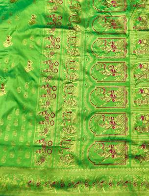 green zari woven baluchari silk blend traditional saree with blouse piece 5
