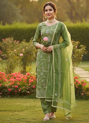 green embroidered glaze cotton unstitched dress material  3