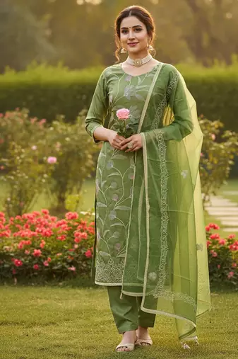 green embroidered glaze cotton unstitched dress material 