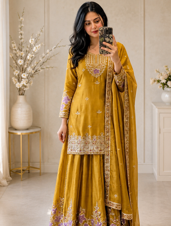 yellow color embroidery sequin work silk blend kurti sharara set