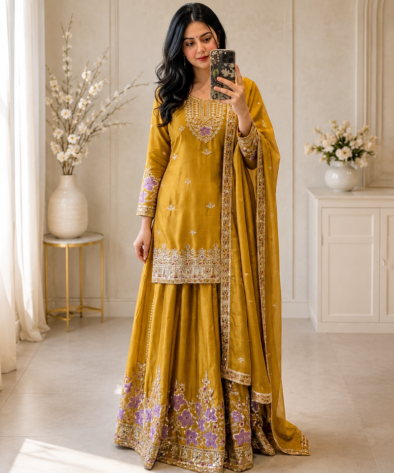 yellow color embroidery sequin work silk blend kurti sharara set