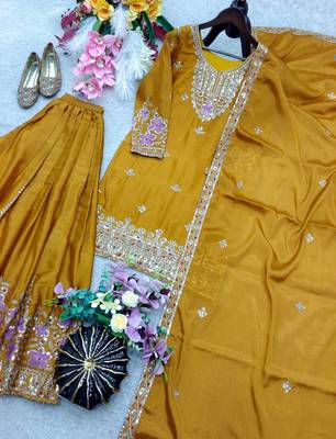 yellow color embroidery sequin work silk blend kurti sharara set 2