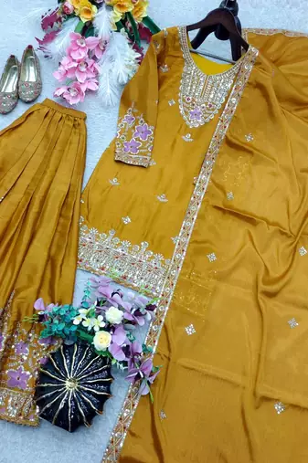 yellow color embroidery sequin work silk blend kurti sharara set