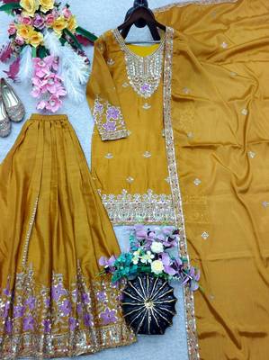 yellow color embroidery sequin work silk blend kurti sharara set 3