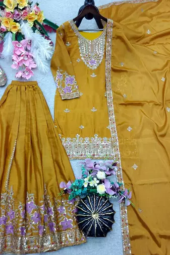 yellow color embroidery sequin work silk blend kurti sharara set